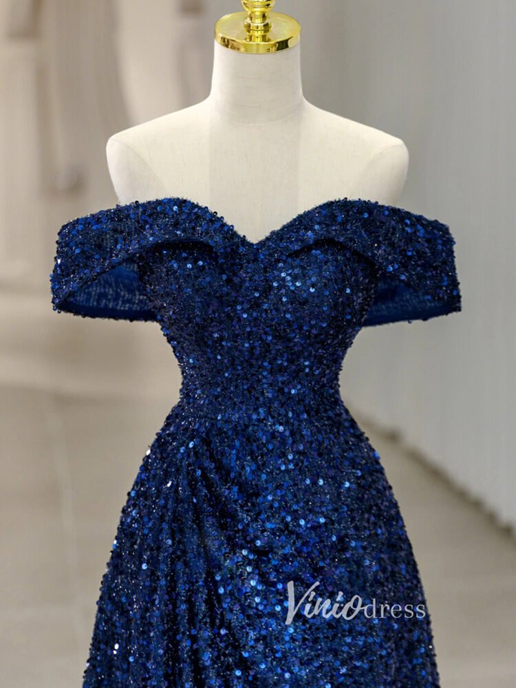 Blue Sequin Prom Dresses Off the Shoulder Evening Gown FD3406-prom dresses 2025 -Viniodress-Blue-Custom Size-
