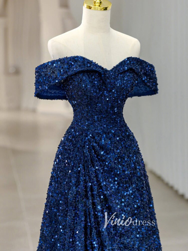 Blue Sequin Prom Dresses Off the Shoulder Evening Gown FD3406-prom dresses 2025 -Viniodress-Blue-Custom Size-
