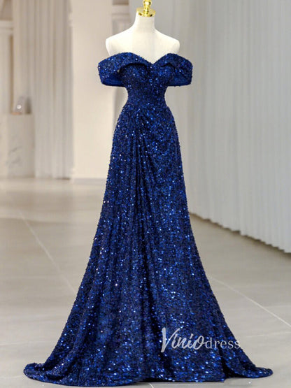 Blue Sequin Prom Dresses Off the Shoulder Evening Gown FD3406-prom dresses 2025 -Viniodress-Blue-Custom Size-