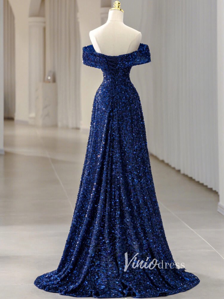 Blue Sequin Prom Dresses Off the Shoulder Evening Gown FD3406-prom dresses 2025 -Viniodress-Blue-Custom Size-