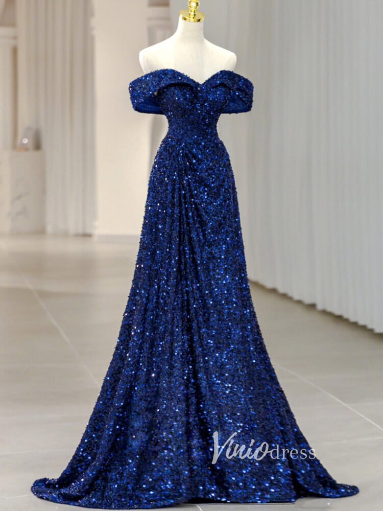 Blue Sequin Prom Dresses Off the Shoulder Evening Gown FD3406-prom dresses 2025 -Viniodress-Blue-Custom Size-