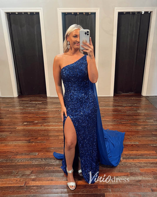 Blue Sequin Prom Dresses with Slit Mermaid One Shoulder Evening Dress FD3254-prom dresses 2025 -Viniodress-Blue-Custom Size-