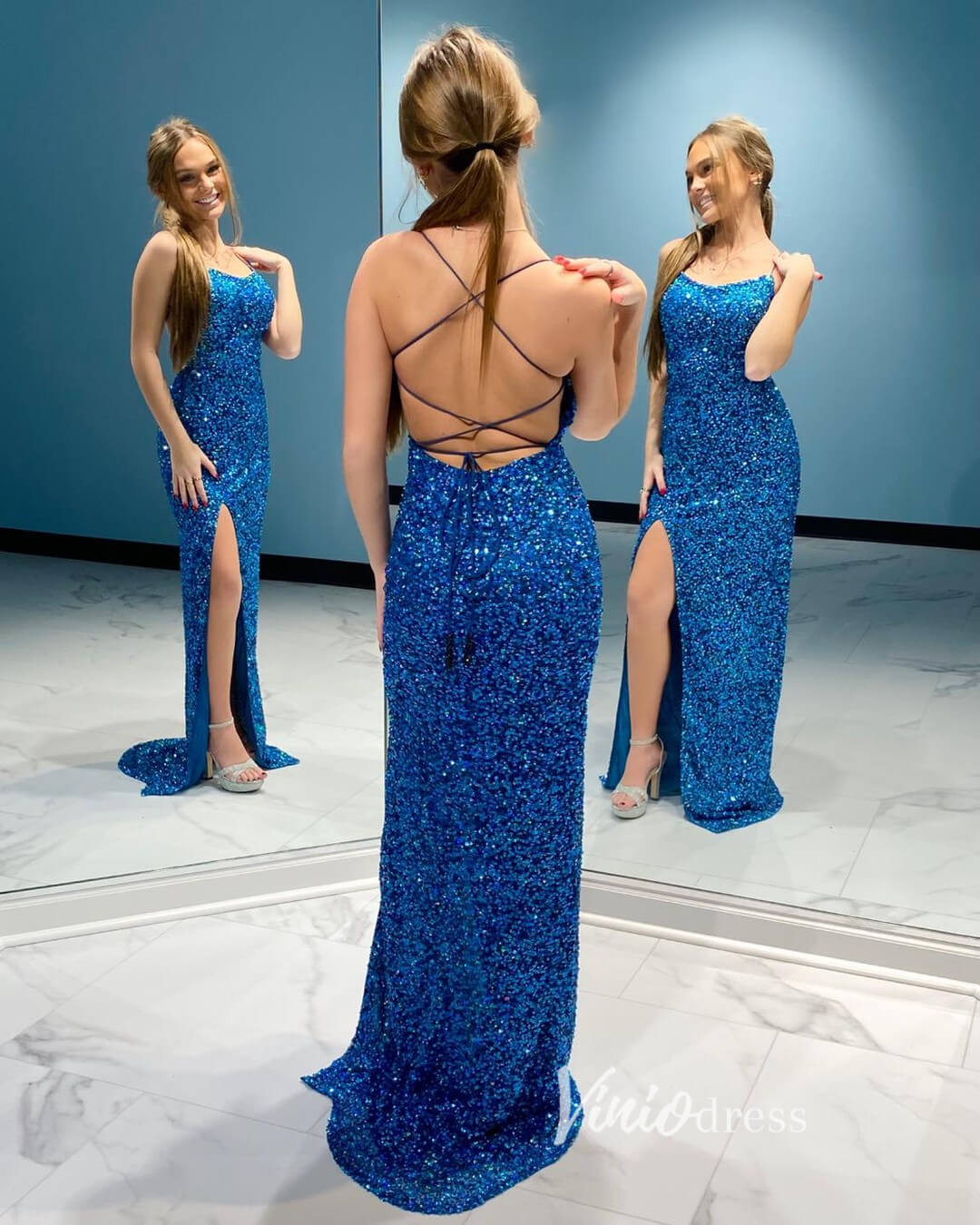 Prom Dress 2025 Blue Sequin Prom Dresses with Slit Mermaid Spaghetti Strap Evening Dress FD3295-unique prom dresses-Blue-Custom Size-Viniodress