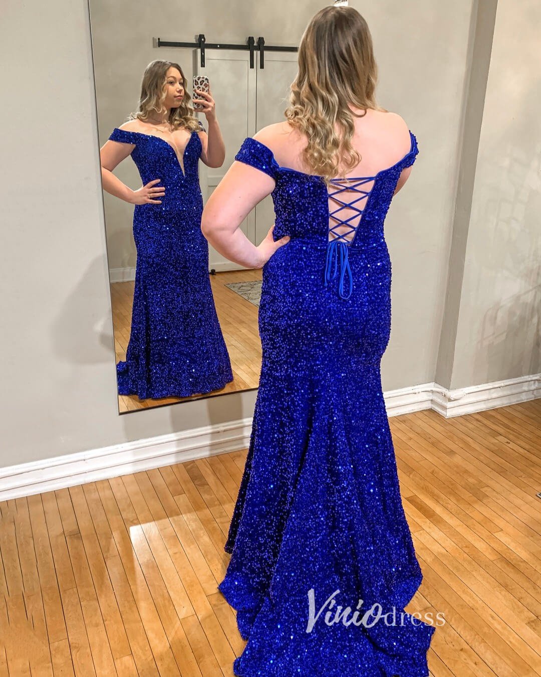 Blue Sequin Prom Dresses with Slit Off the Shoulder Evening Dress FD3362-prom dresses 2025 -Viniodress-Blue-Custom Size-
