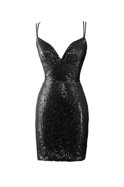 Blue Sequin Spaghetti Strap Homecoming Dresses Sexy Fitted Bodycon Dress SD1671-Homecoming Dresses 2025 -Viniodress-Black-Custom Size-