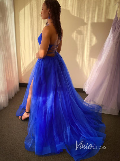 Blue Spaghetti Strap Prom Dresses With High Slit Pleated Evening Dress –  Viniodress
