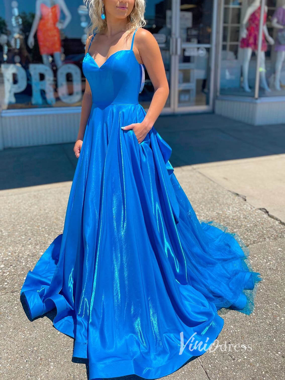 Prom Dress 2025 Blue Spaghetti Strap Prom Dresses With Pockets Sweetheart Neck Evening Dress FD2946-unique prom dresses-Blue-Custom Size-Viniodress