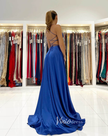 Blue Spaghetti Strap Prom Dresses With Slit A-Line Satin Evening Dress FD3152-prom dresses 2025 -Viniodress-Blue-Custom Size-