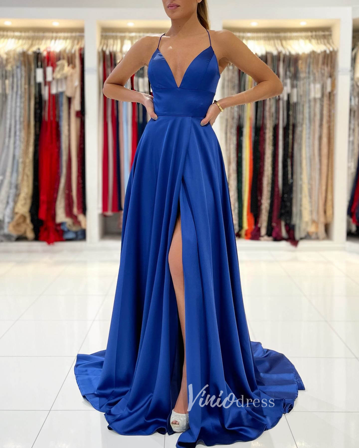 Blue Spaghetti Strap Prom Dresses With Slit A-Line Satin Evening Dress FD3152-prom dresses 2025 -Viniodress-Blue-Custom Size-