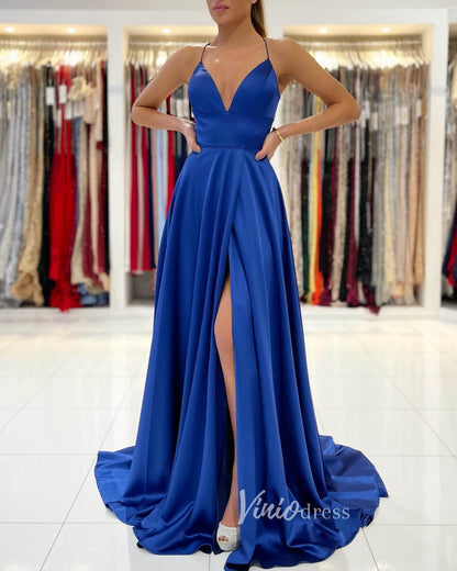 Blue Spaghetti Strap Prom Dresses With Slit A-Line Satin Evening Dress FD3152-prom dresses 2025 -Viniodress-Blue-Custom Size-