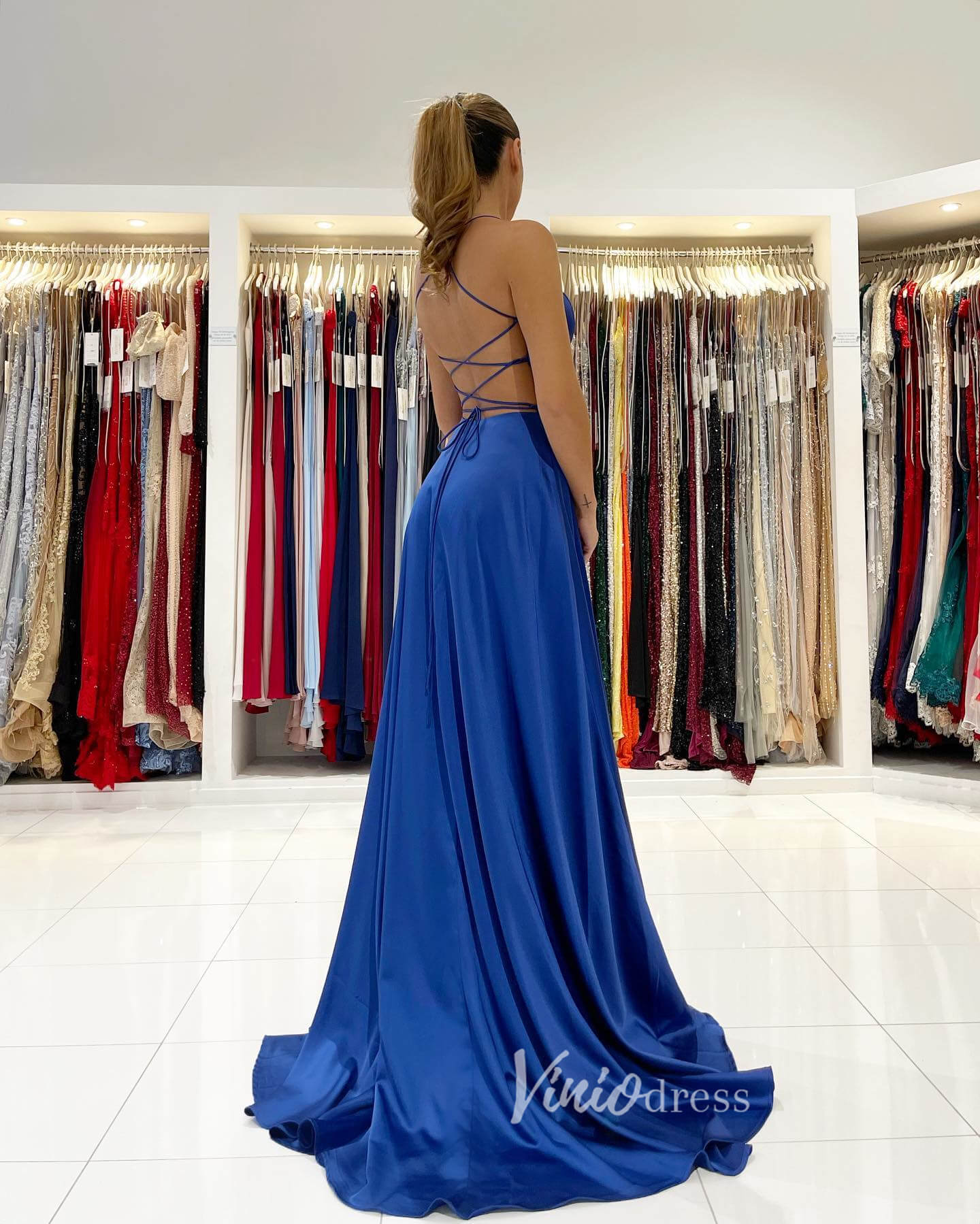 Prom Dress 2025 Blue Spaghetti Strap Prom Dresses With Slit A-Line Satin Evening Dress FD3152-unique prom dresses-Blue-Custom Size-Viniodress