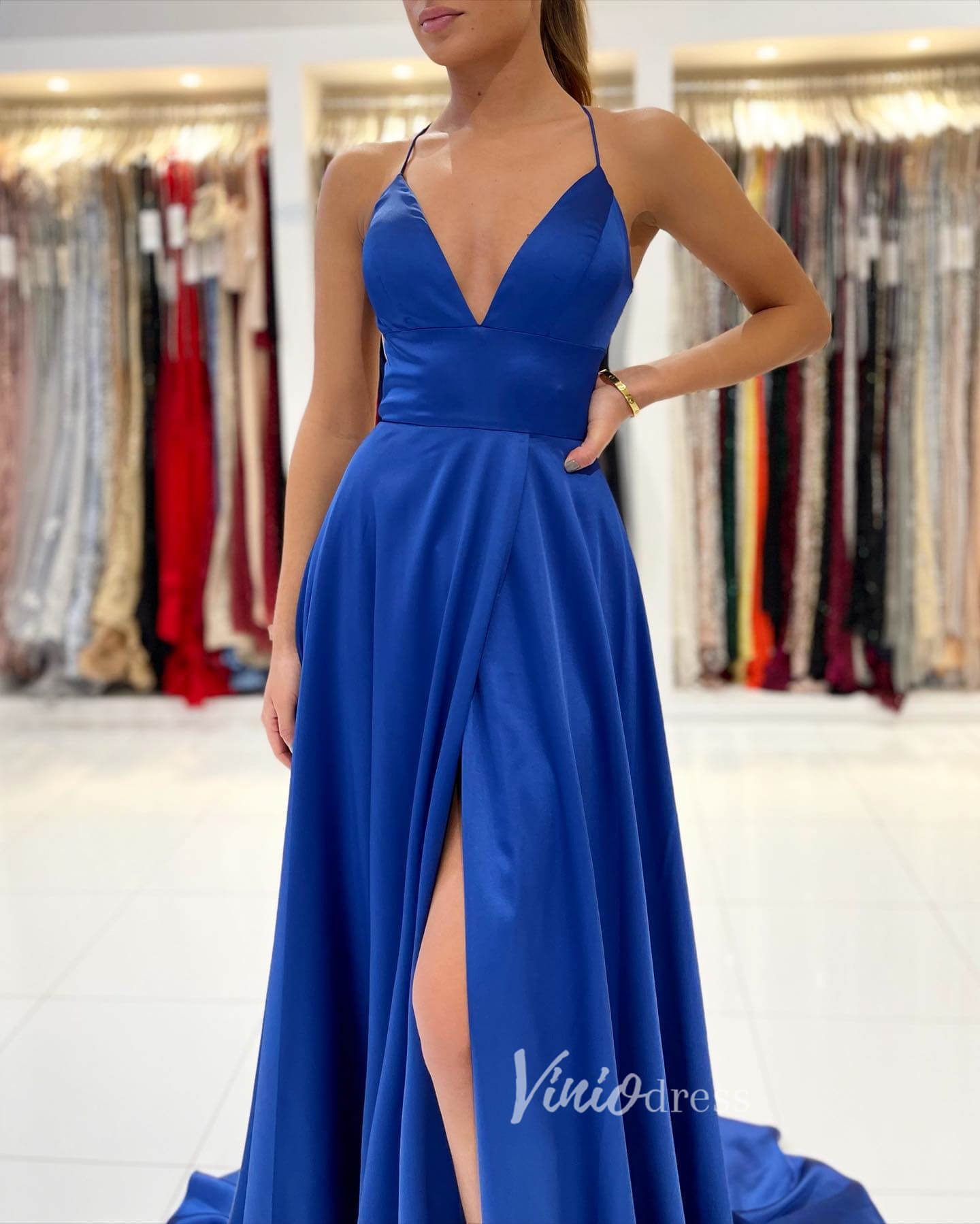 Prom Dress 2025 Blue Spaghetti Strap Prom Dresses With Slit A-Line Satin Evening Dress FD3152-unique prom dresses-Blue-Custom Size-Viniodress