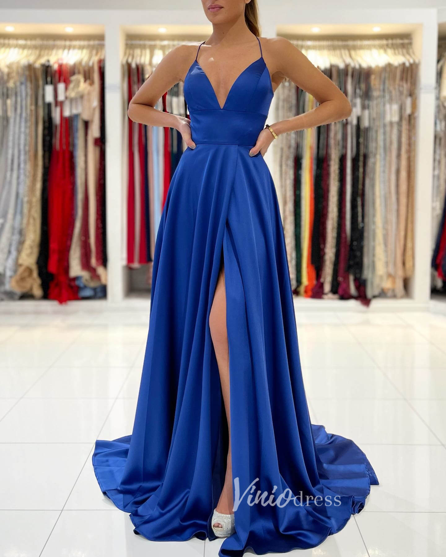 Prom Dress 2025 Blue Spaghetti Strap Prom Dresses With Slit A-Line Satin Evening Dress FD3152-unique prom dresses-Blue-Custom Size-Viniodress