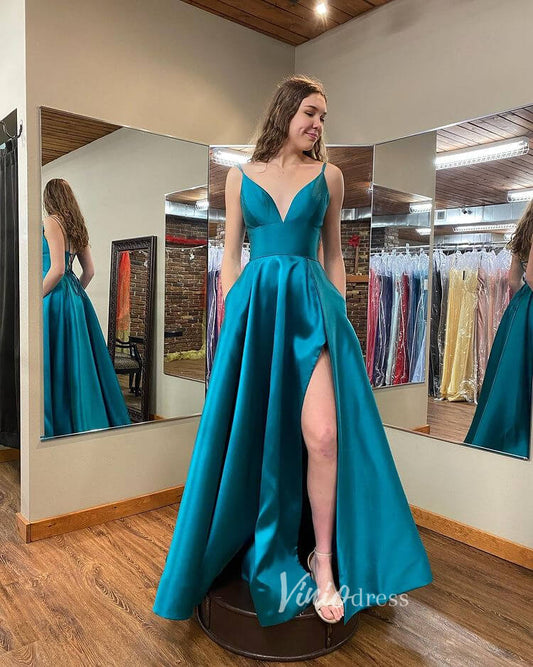 Blue Spaghetti Strap Prom Dresses With Slit V-Neck Evening Dress FD3107-prom dresses 2025 -Viniodress-Blue-Custom Size-