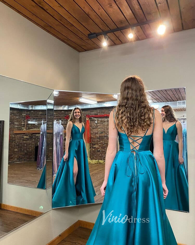 Blue Spaghetti Strap Prom Dresses With Slit V-Neck Evening Dress FD3107-prom dresses 2025 -Viniodress-Blue-Custom Size-