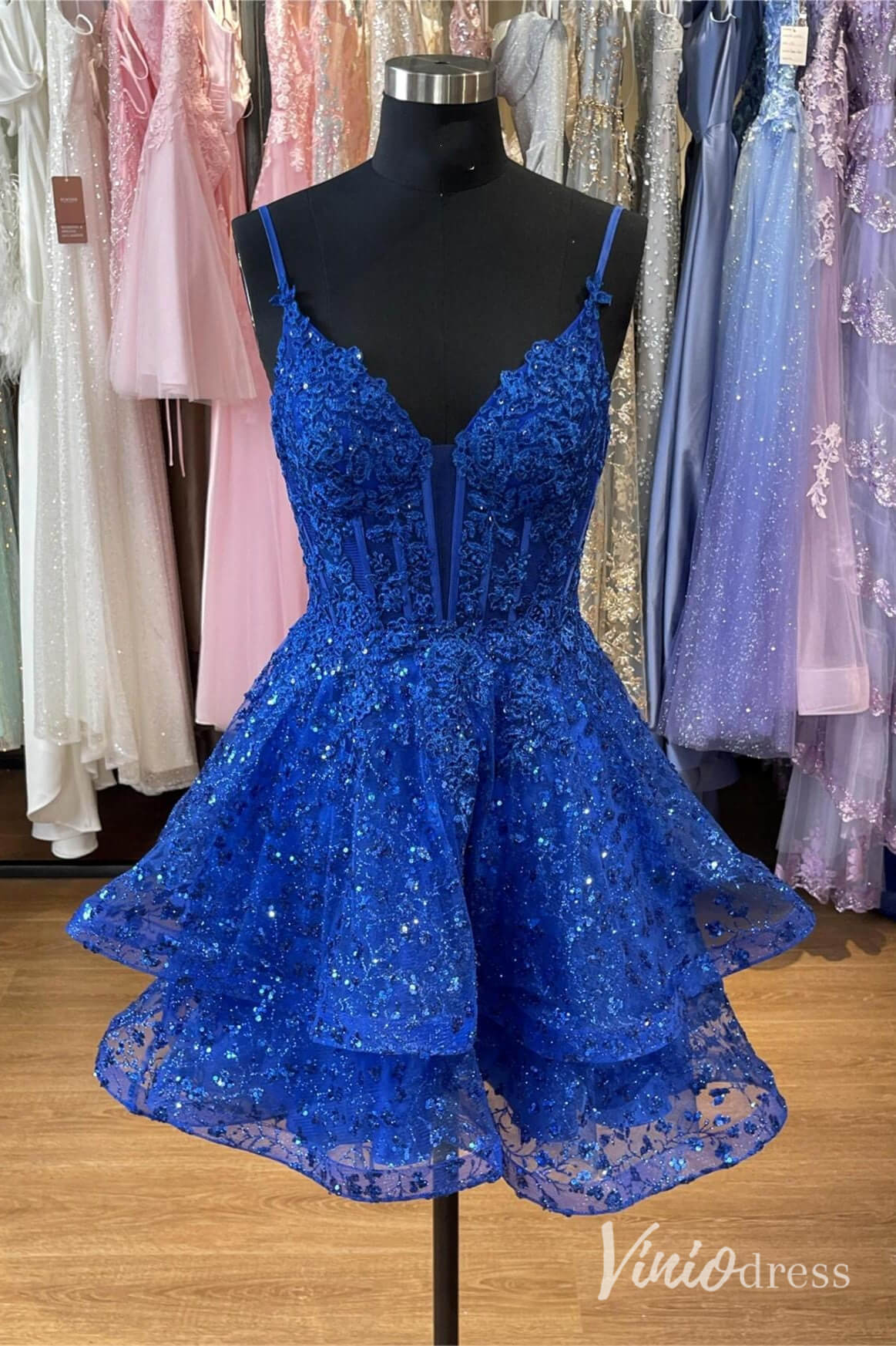 Blue Spaghetti Strap Tiered Homecoming Dresses Sparkly Lace Applique Back to School Dress S24085-Homecoming Dresses 2025 -Viniodress-Blue-Custom Size-