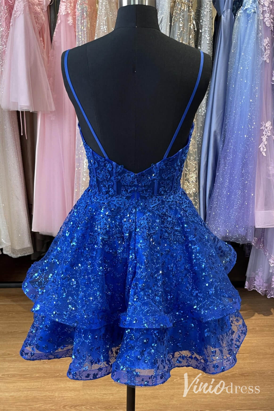 Blue Spaghetti Strap Tiered Homecoming Dresses Sparkly Lace Applique Back to School Dress S24085-Homecoming Dresses-Viniodress-Viniodress