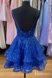 Blue Spaghetti Strap Tiered Homecoming Dresses Sparkly Lace Applique Back to School Dress S24085-Homecoming Dresses-Viniodress-Viniodress