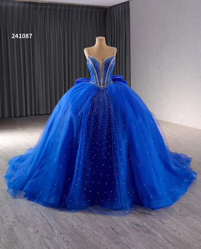 Blue Sparkly Beaded Wedding Gowns Spaghetti Strap Bow Quince Dress 241087-Quinceanera Dresses 2025 -Viniodress-Blue-Custom Size-