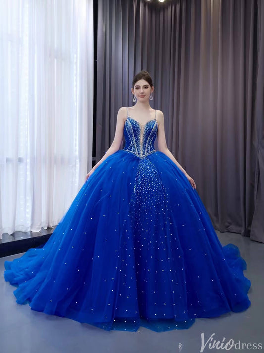 Blue Sparkly Beaded Wedding Gowns Spaghetti Strap Bow Quince Dress 241087-Quinceanera Dresses 2025 -Viniodress-Blue-Custom Size-
