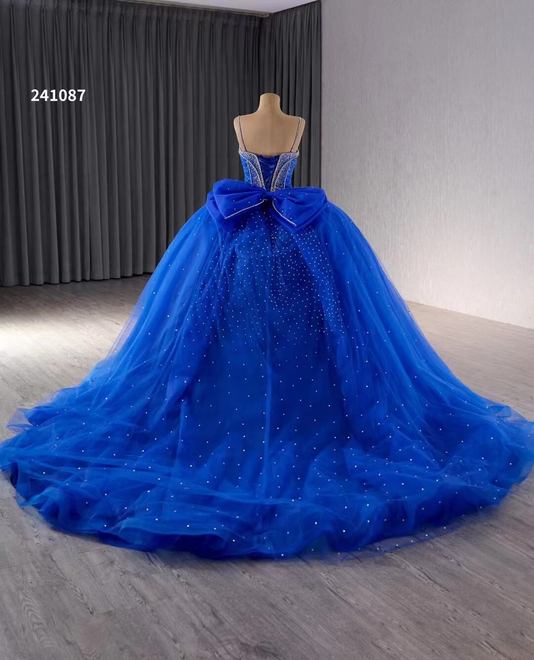 Blue Sparkly Beaded Wedding Gowns Spaghetti Strap Bow Quince Dress 241087 - ViniodressQuinceanera DressesBlueCustom Size - Formal Dresses - Ball Gowns