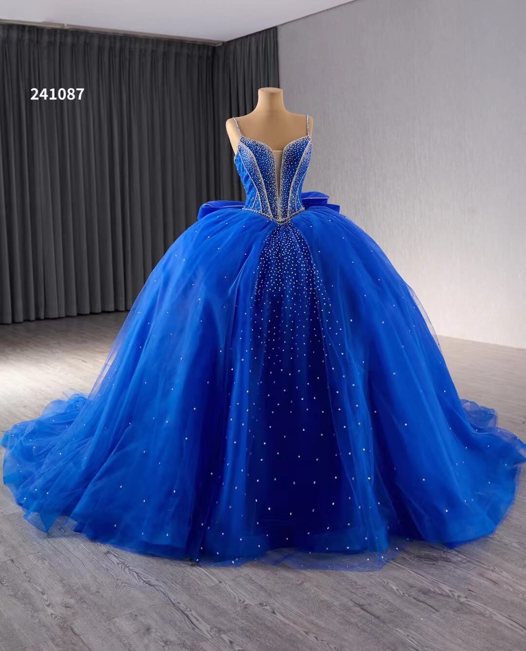 Blue Sparkly Beaded Wedding Gowns Spaghetti Strap Bow Quince Dress 241087 - ViniodressQuinceanera DressesBlueCustom Size - Formal Dresses - Ball Gowns