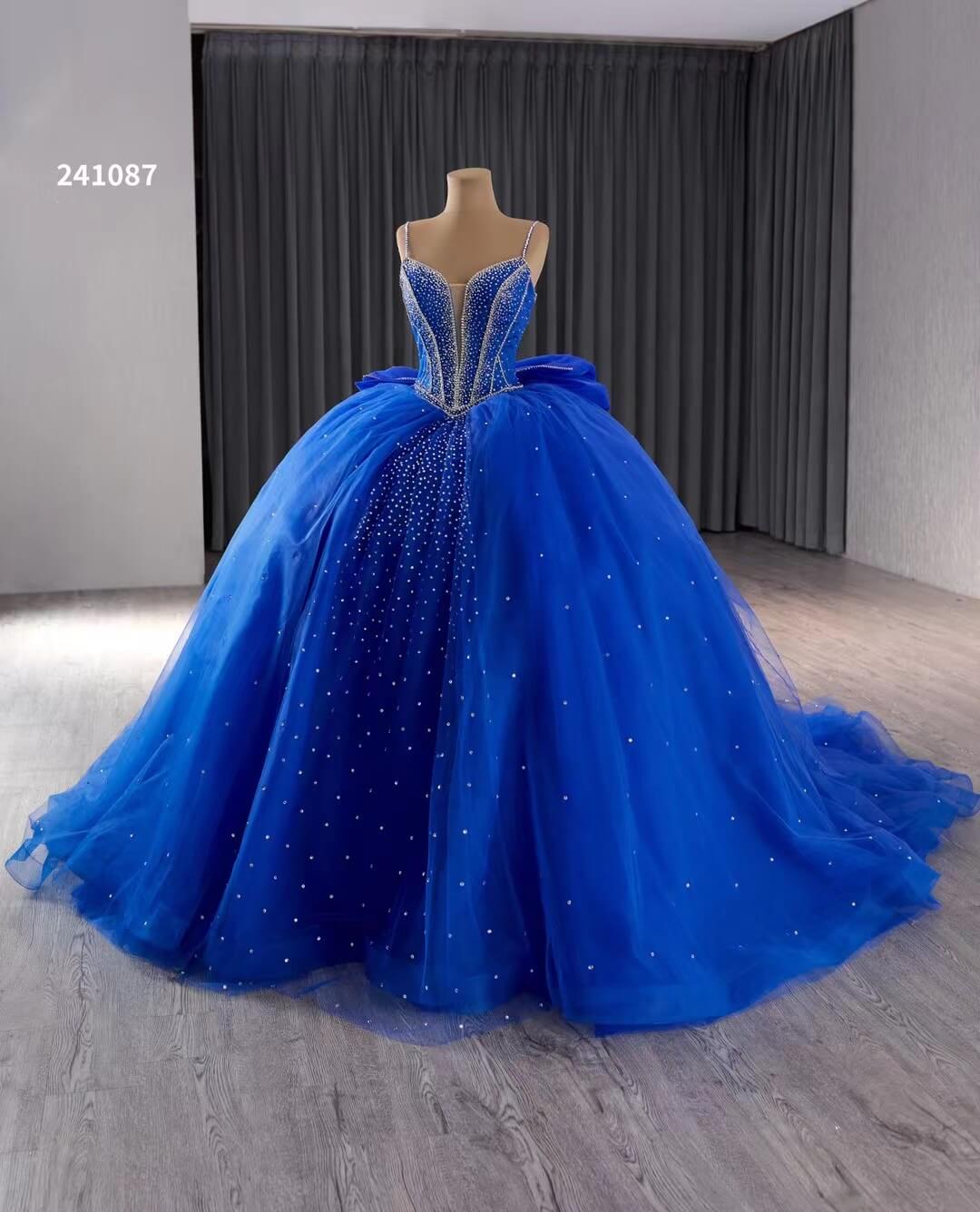 Blue Sparkly Beaded Wedding Gowns Spaghetti Strap Bow Quince Dress 241087 - ViniodressQuinceanera DressesBlueCustom Size - Formal Dresses - Ball Gowns