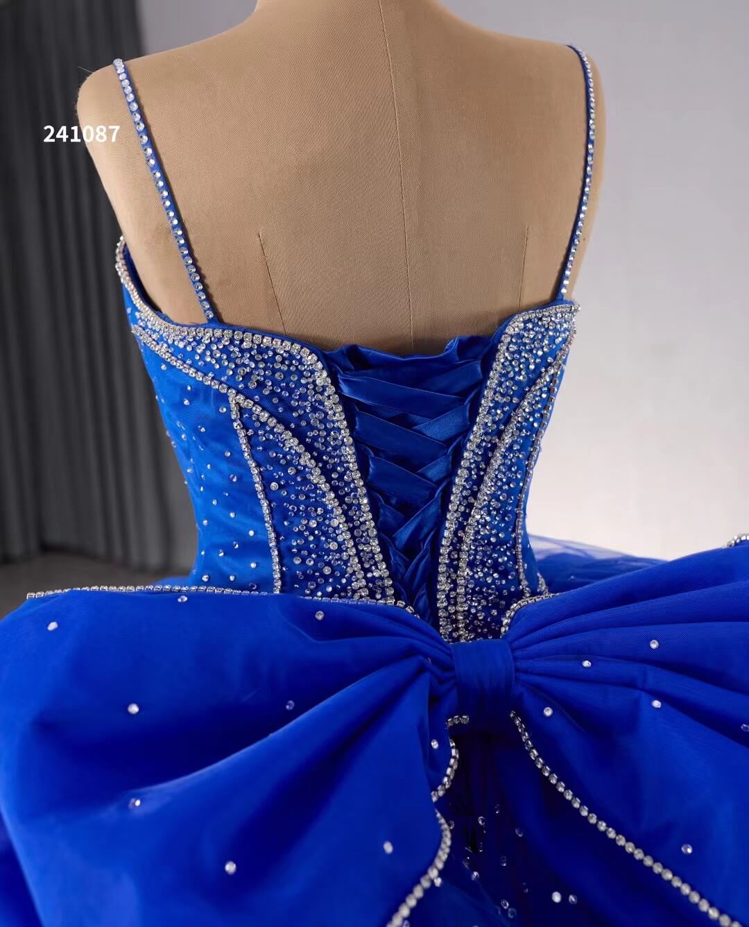 Blue Sparkly Beaded Wedding Gowns Spaghetti Strap Bow Quince Dress 241087-Quinceanera Dresses-Viniodress-Viniodress