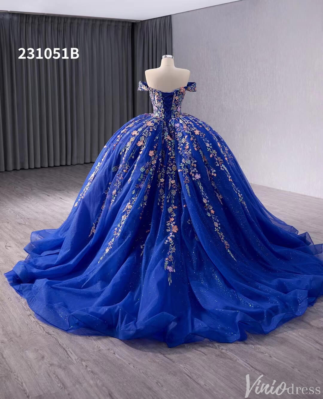 Blue Sparkly Lace Applique Wedding Gown Off the Shoulder Quinceanera Dress 241051b-Quinceanera Dresses-Viniodress-Viniodress