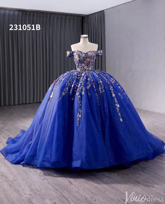 Blue Sparkly Lace Applique Wedding Gown Off the Shoulder Quinceanera Dress 241051b - ViniodressQuinceanera DressesBlueCustom Size - Formal Dresses - Ball Gowns