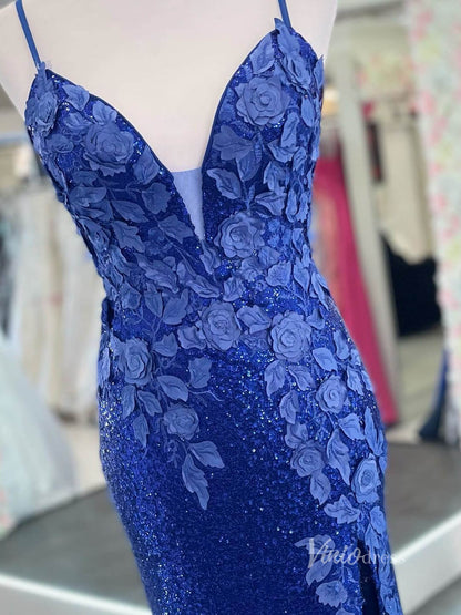 Blue Sparkly Sequin Mermaid Prom Dresses with Slit Floral Evening Dress FD2849-prom dresses 2025 -Viniodress-Royal Blue-Custom Size-