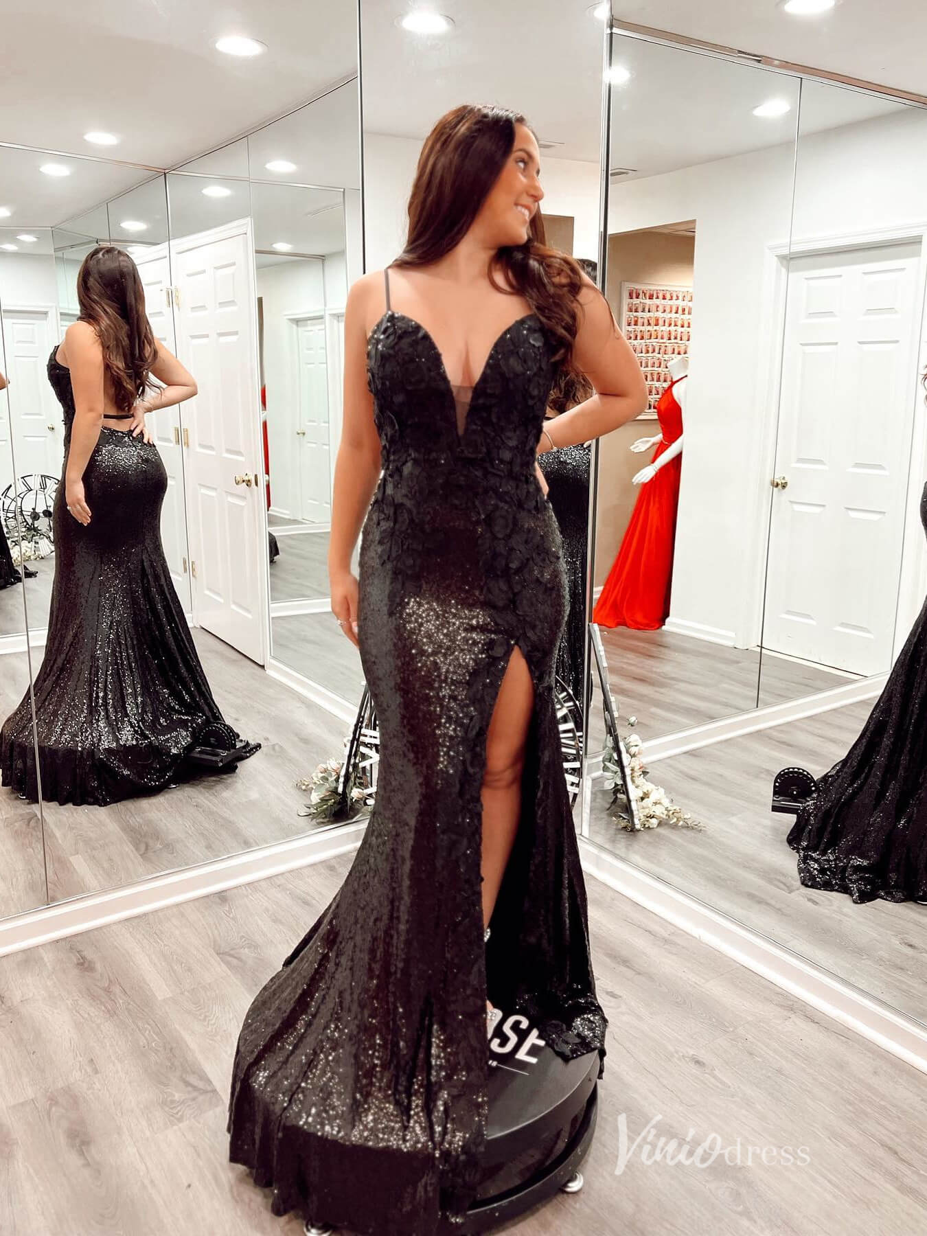 Blue Sparkly Sequin Mermaid Prom Dresses with Slit Floral Evening Dress FD2849-prom dresses 2025 -Viniodress-Royal Blue-Custom Size-