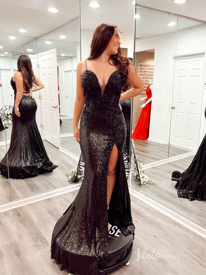 Blue Sparkly Sequin Mermaid Prom Dresses with Slit Floral Evening Dress FD2849-prom dresses 2025 -Viniodress-Royal Blue-Custom Size-