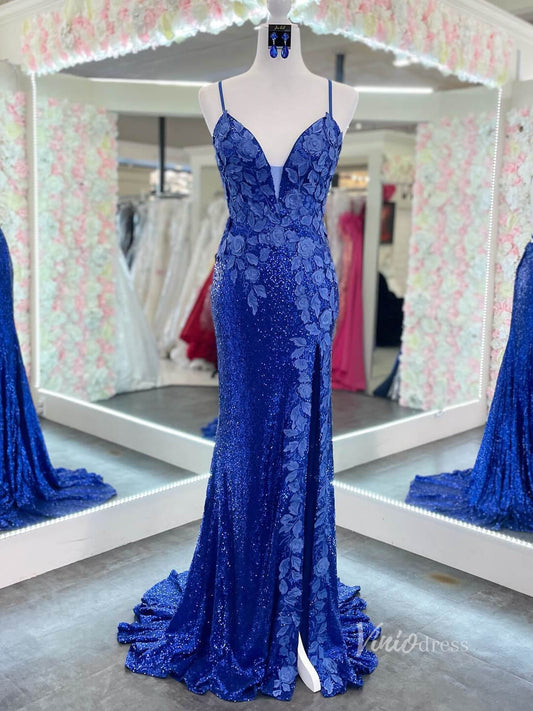 Blue Sparkly Sequin Mermaid Prom Dresses with Slit Floral Evening Dress FD2849-prom dresses 2025 -Viniodress-Royal Blue-Custom Size-
