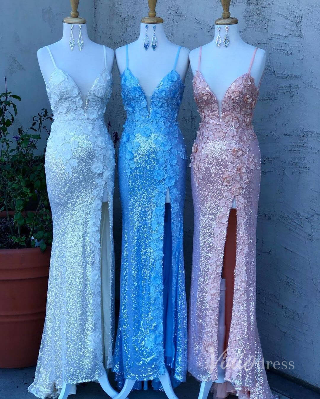 Blue Sparkly Sequin Mermaid Prom Dresses with Slit Floral Evening Dress FD2849 - Viniodressprom dressesBlackCustom Size - Formal Dresses - Ball Gowns