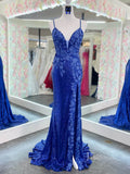Blue Sparkly Sequin Mermaid Prom Dresses with Slit Floral Evening Dress FD2849