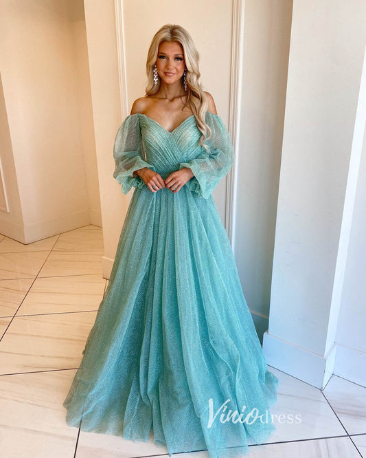 Prom Dress 2025 Blue Sparkly Tulle Prom Dresses Long Sleeve Formal Gown FD3320-unique prom dresses-Blue-Custom Size-Viniodress