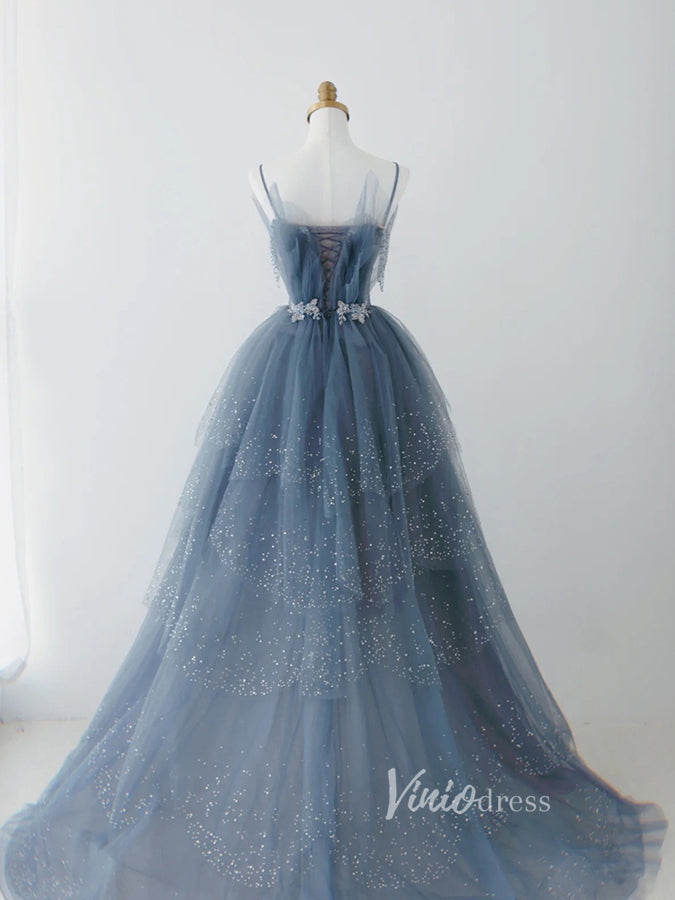 Prom Dress 2025 Blue Sparkly Tulle Prom Dresses Spaghetti Strap Evening Dress FD3223-unique prom dresses-Blue-Custom Size-Viniodress