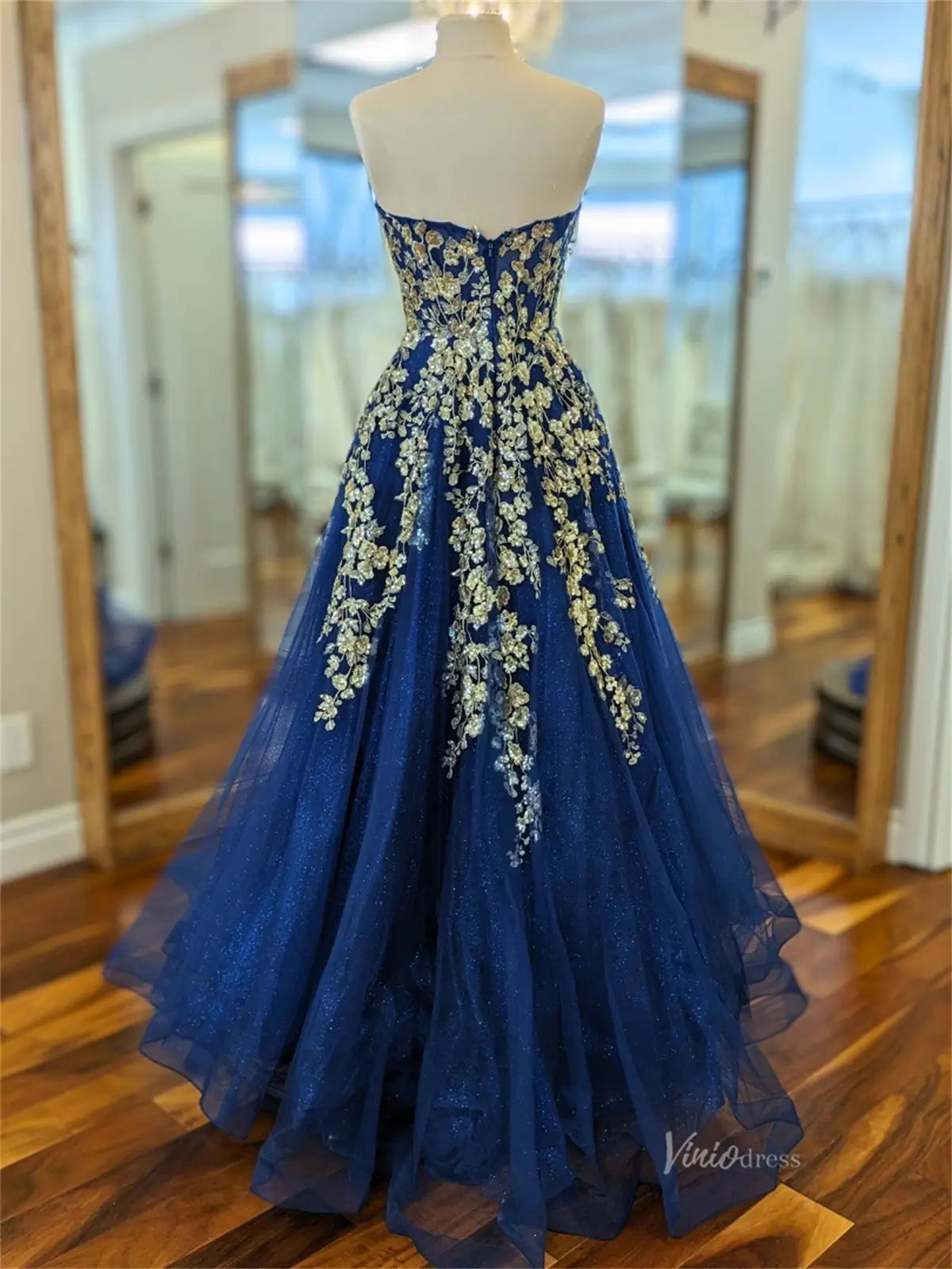 Blue Sparkly Tulle Prom Dresses with Floral Lace & Sweetheart Neck - F Viniodress Blue Sparkly Tulle Prom Dresses with Floral Lace & Sweetheart Neck - F Viniodress