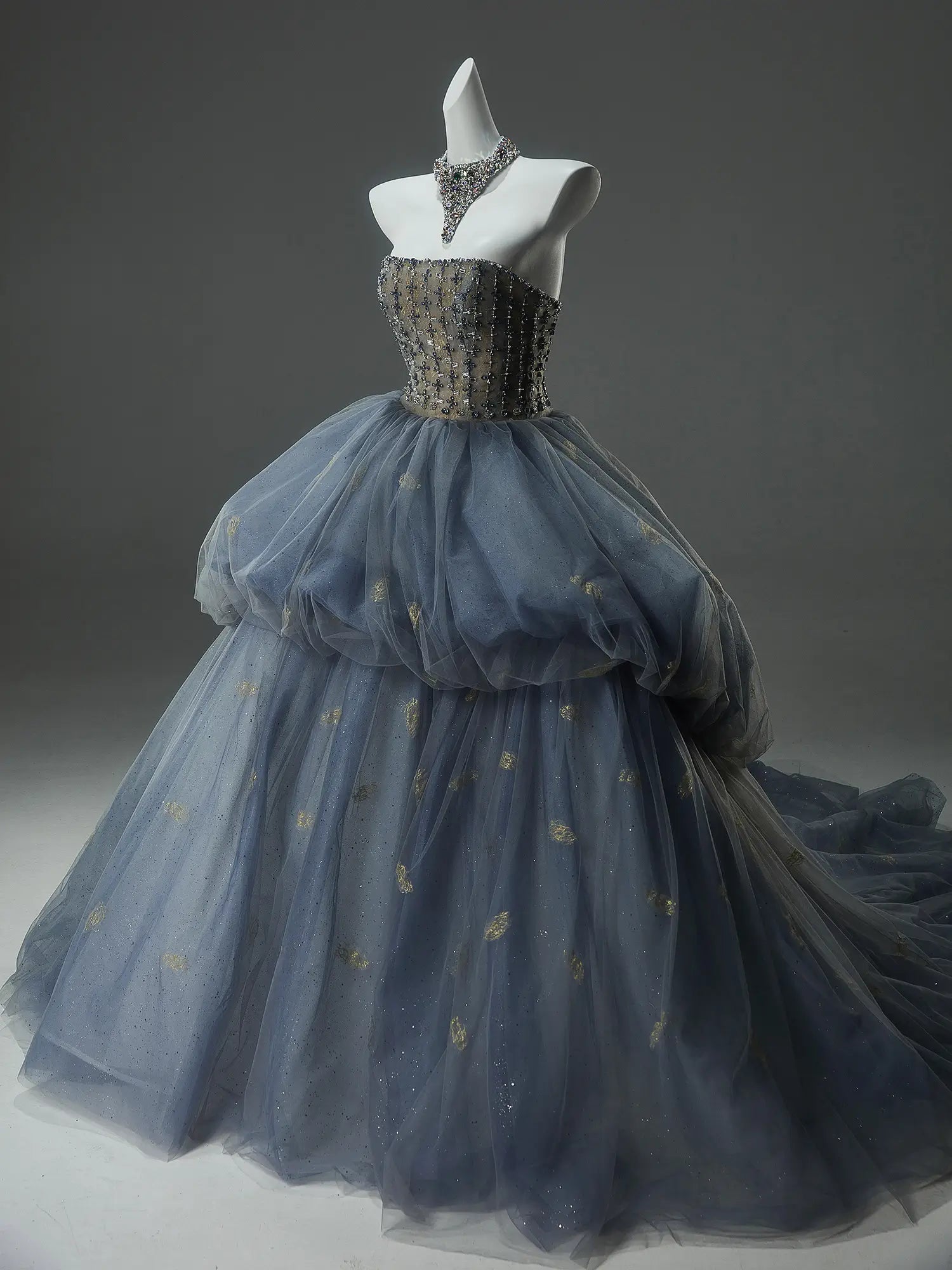 Blue Sparkly Tulle Strapless Formal Gown with Rhinestone Bodice & Tiered Bottom - CQ0148-Couture Gown 2025 -Viniodress-Blue-Custom Size-