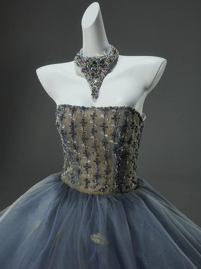 Blue Sparkly Tulle Strapless Formal Gown with Rhinestone Bodice & Tiered Bottom - CQ0148-Couture Gown 2025 -Viniodress-Blue-Custom Size-