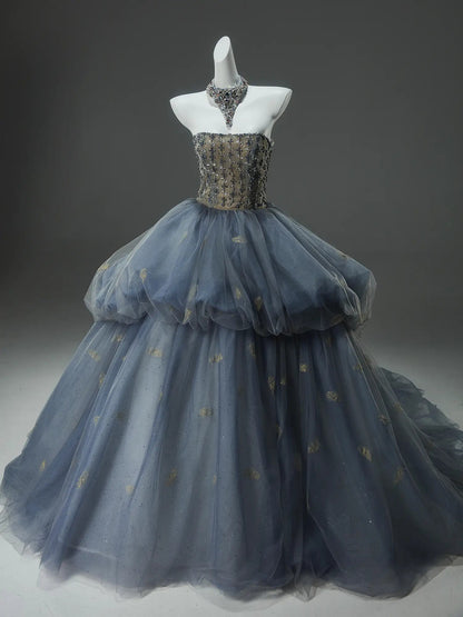 Blue Sparkly Tulle Strapless Formal Gown with Rhinestone Bodice & Tiered Bottom - CQ0148-Couture Gown 2025 -Viniodress-Blue-Custom Size-