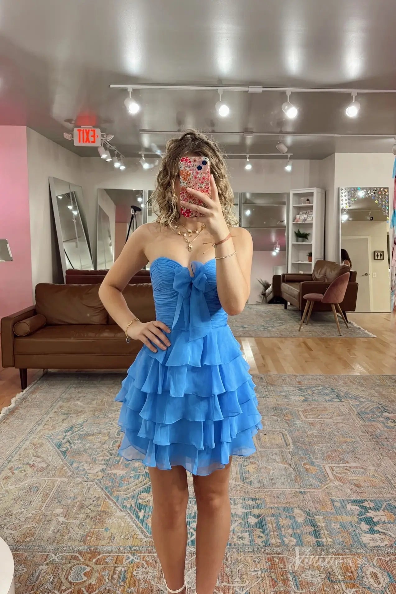 Blue Strapless Homecoming Dress with Satin Bow, Ruched Bodice, Tiered Ruffle Skirt – H1181B-Homecoming Dresses 2025 -Viniodress-Blue-Custom Size-