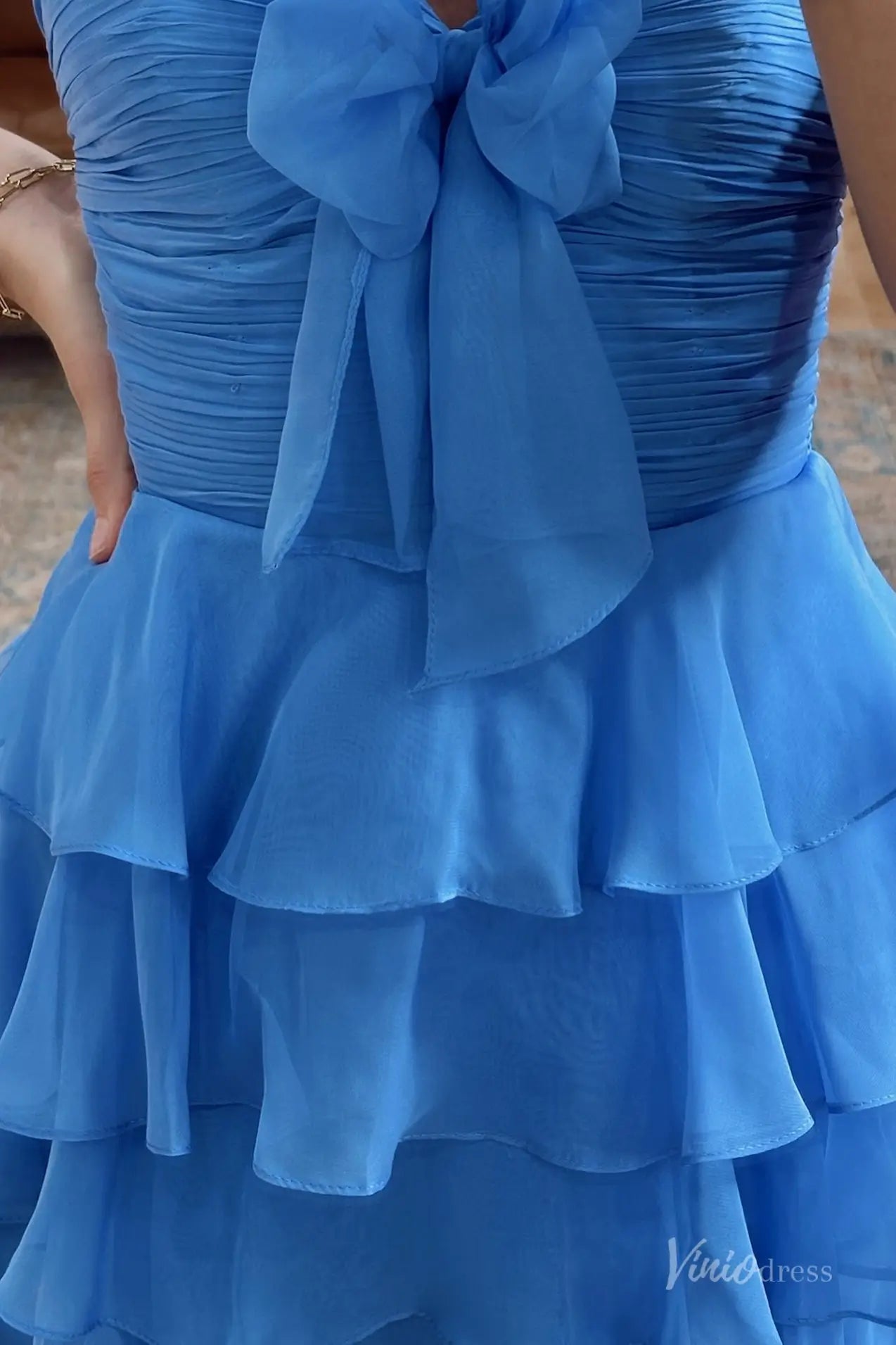 Blue Strapless Homecoming Dress with Satin Bow, Ruched Bodice, Tiered Ruffle Skirt – H1181B-Homecoming Dresses 2025 -Viniodress-Blue-Custom Size-