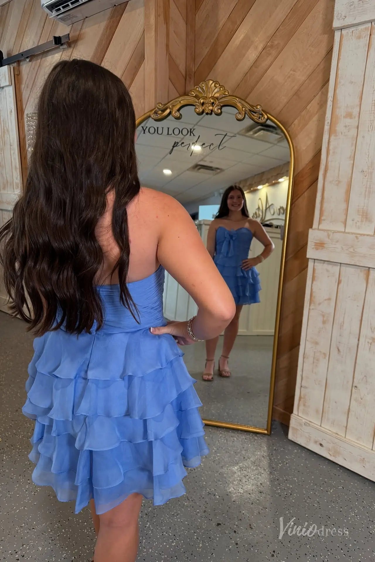 Blue Strapless Homecoming Dress with Satin Bow, Ruched Bodice, Tiered Ruffle Skirt – H1181B-Homecoming Dresses 2025 -Viniodress-Blue-Custom Size-