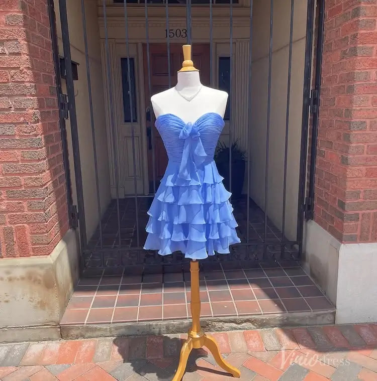Blue Strapless Homecoming Dress with Satin Bow, Ruched Bodice, Tiered Ruffle Skirt – H1181B-Homecoming Dresses 2025 -Viniodress-Blue-Custom Size-