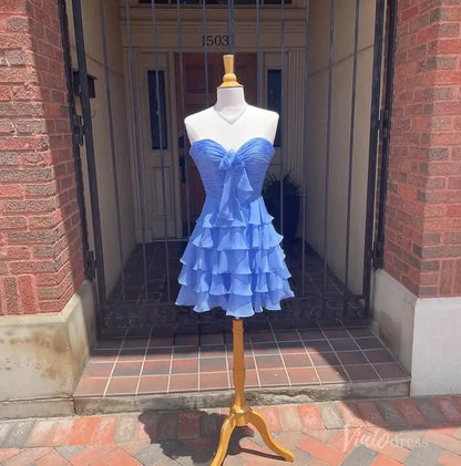 Blue Strapless Homecoming Dress with Satin Bow, Ruched Bodice, Tiered Ruffle Skirt – H1181B-Homecoming Dresses 2025 -Viniodress-Blue-Custom Size-