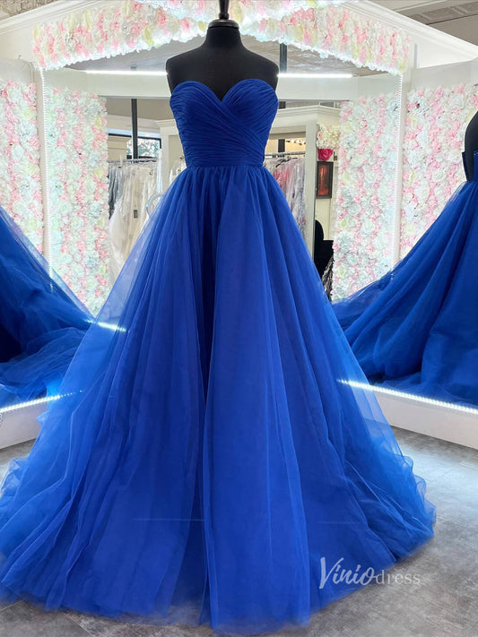 Blue Strapless Pleated Prom Dresses Tulle Sweetheart Neck FD3971-prom dresses 2025 -Viniodress-Blue-Custom Size-