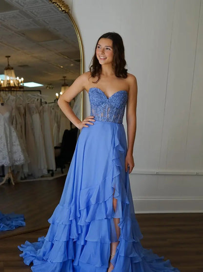Blue Strapless Prom Dress with Sweetheart Neck, Lace Bodice & Tiered Bottom - FD6065-prom dresses 2025 -Viniodress-Blue-Custom Size-
