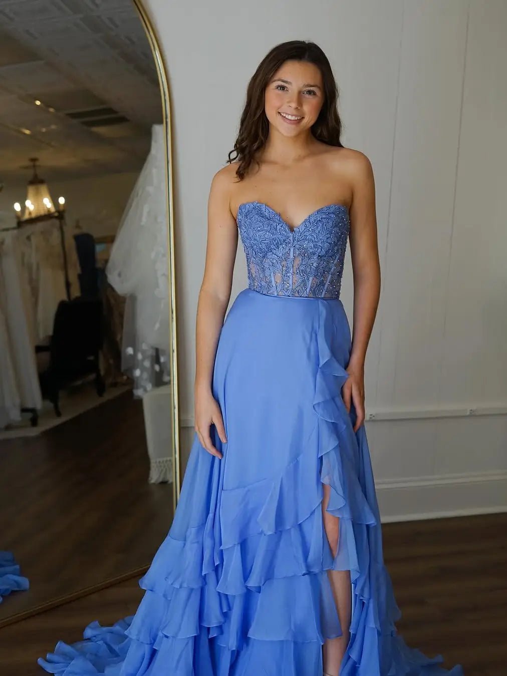 Blue Strapless Prom Dress with Sweetheart Neck, Lace Bodice & Tiered Bottom - FD6065-prom dresses 2025 -Viniodress-Blue-Custom Size-